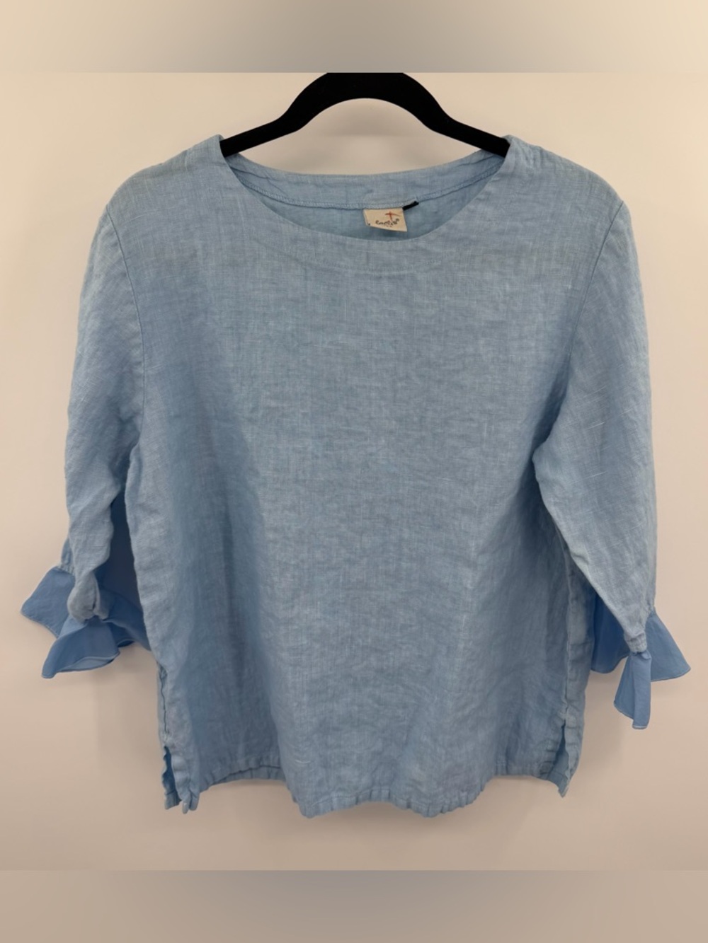 Focus USA 100% Linen Light Blue Linen Flare Elbow Sleeve Women's Top Medium Boho